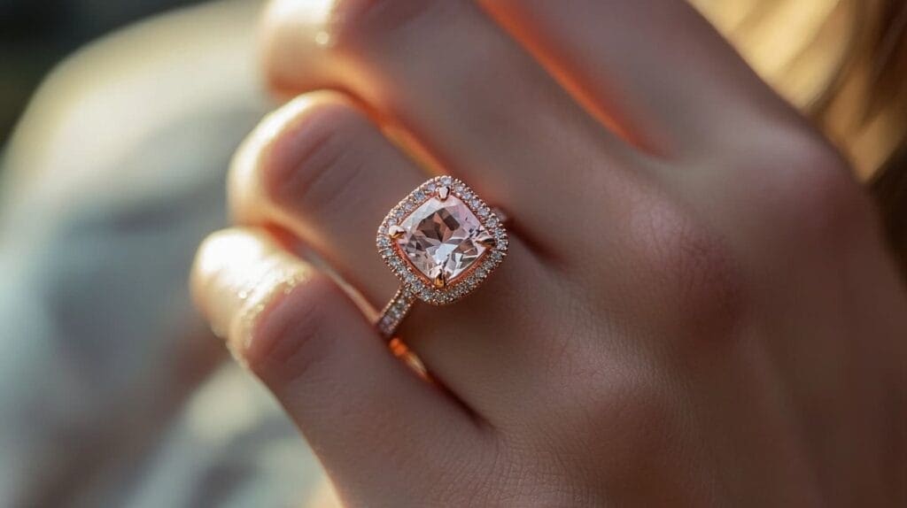 Cushion-cut morganite engagement ring with a diamond halo and rose gold band, worn on a woman's finger.