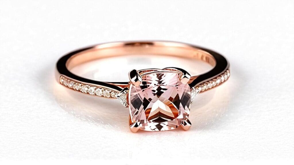 A delicate cushion-cut morganite engagement ring set in a rose gold band with diamond accents, offering a soft and romantic touch.
