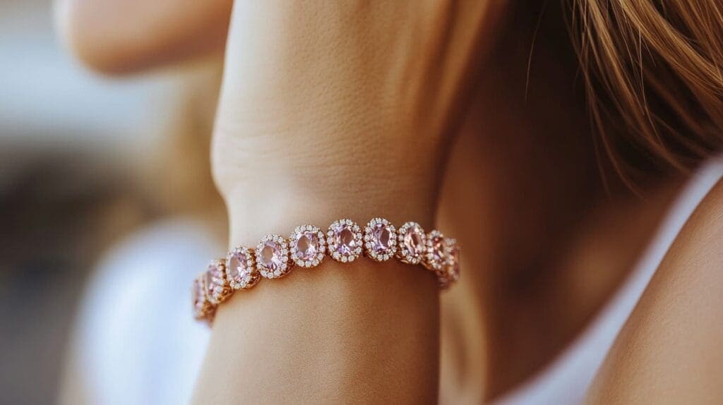 Close-up of a rose gold bracelet featuring oval-cut pink morganite gemstones surrounded by small diamonds on a woman's wrist.