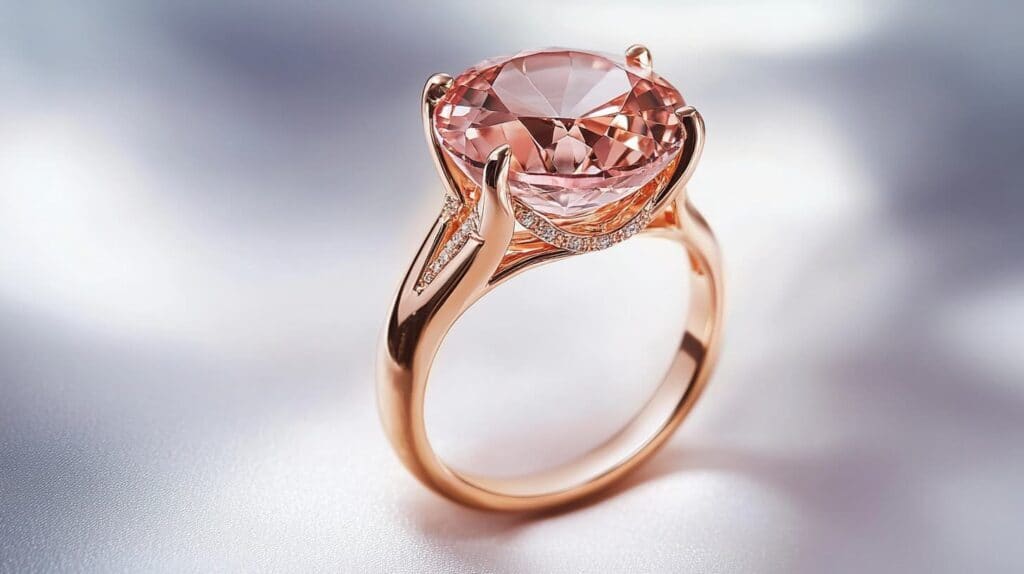 Close-up of a rose gold ring featuring a stunning faceted morganite gemstone with a delicate, elegant design and sparkling accents.