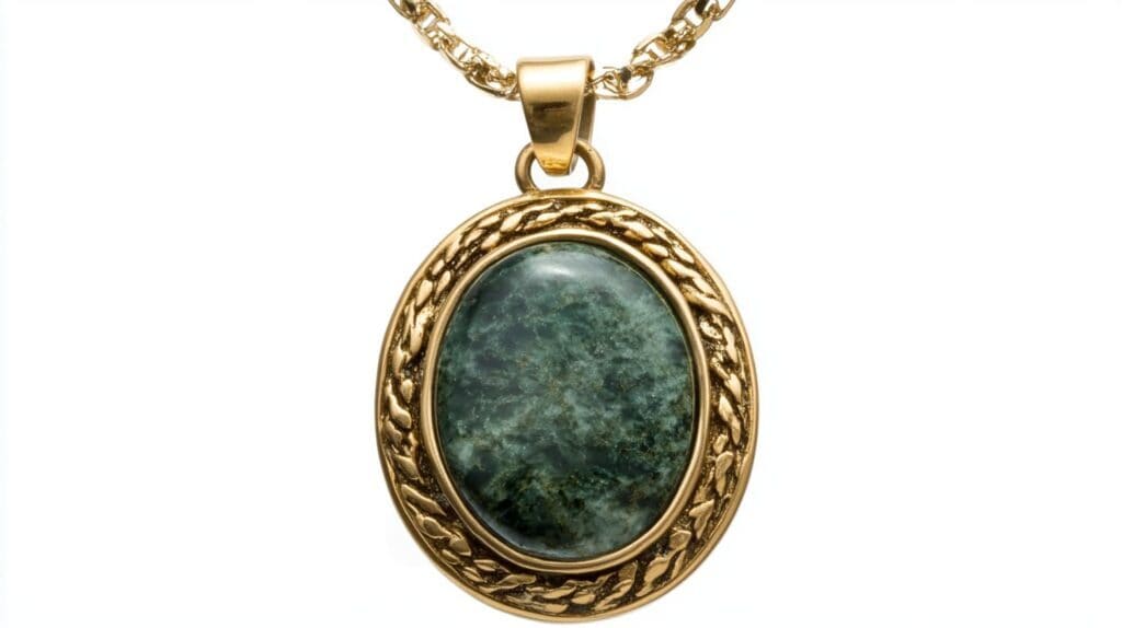 Elegant moss agate pendant in a gold oval setting on a gold chain, featuring natural green inclusions and a vintage-inspired design.