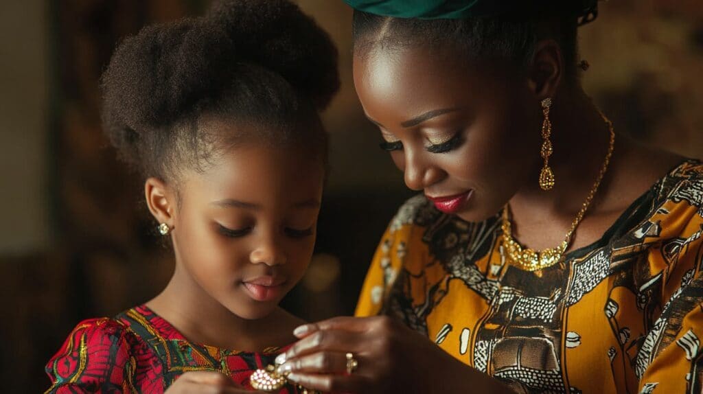 A mother and daughter share a tender moment as they admire a piece of gold jewelry, reflecting the passing down of traditions and the deep emotional connections that jewelry can represent.