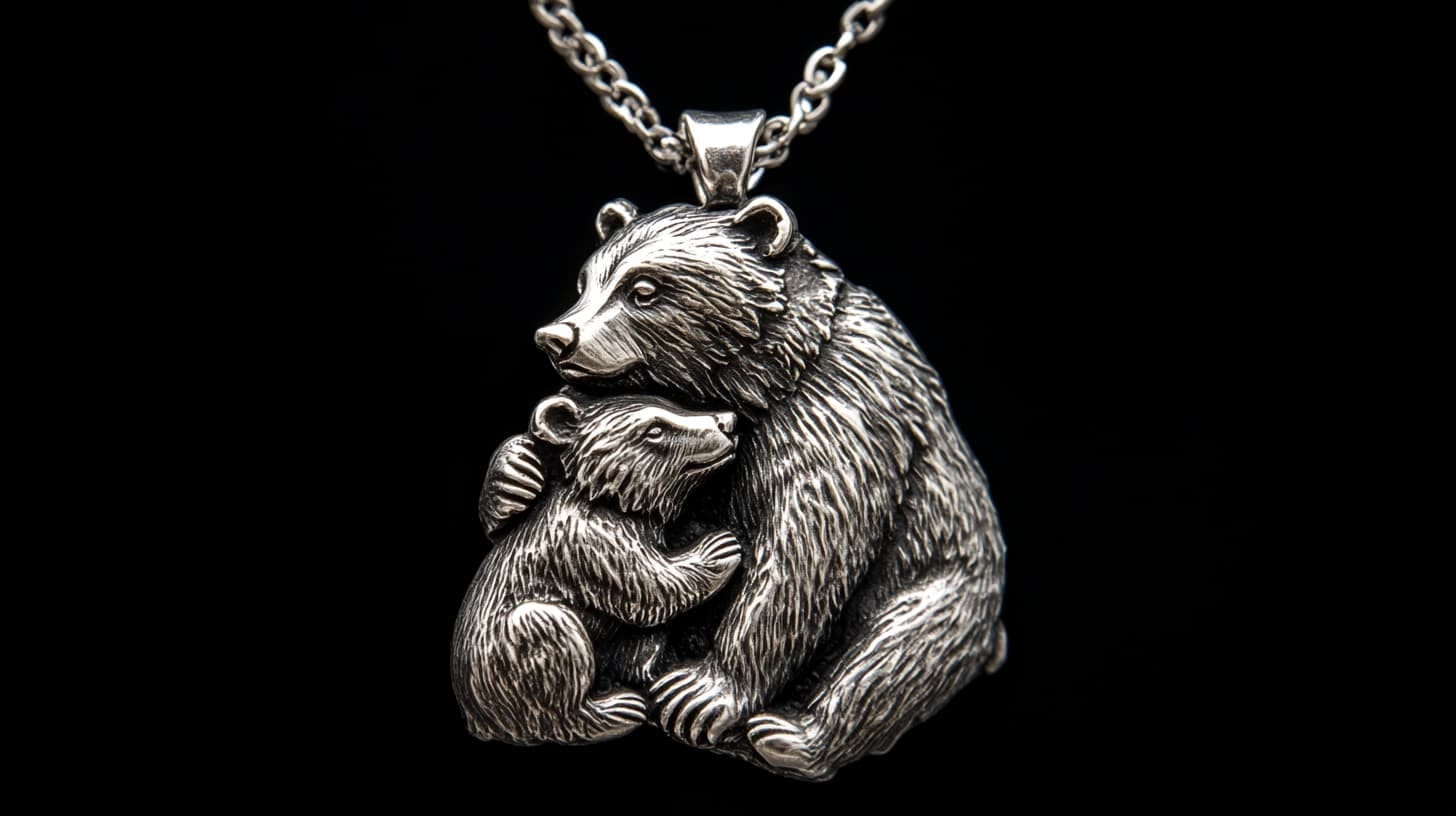 Silver pendant of a mother bear embracing her cub on a chain