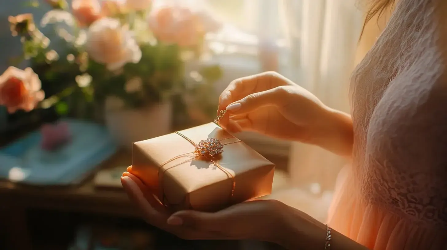 Woman's hands opening a gift box tied with a jeweled pendant, roses behind