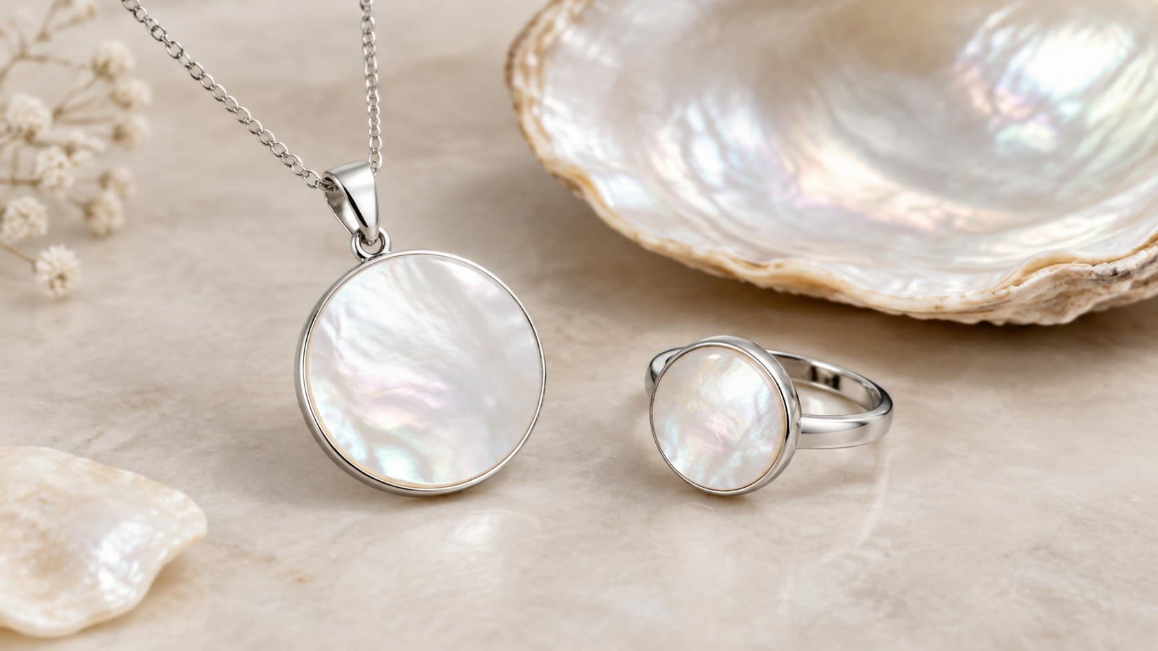 Mother of pearl necklace and ring displayed beside a natural iridescent shell