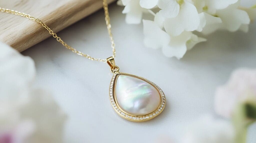 A close-up of a teardrop-shaped mother of pearl pendant with a gold and diamond-accented border, placed against a soft floral background.