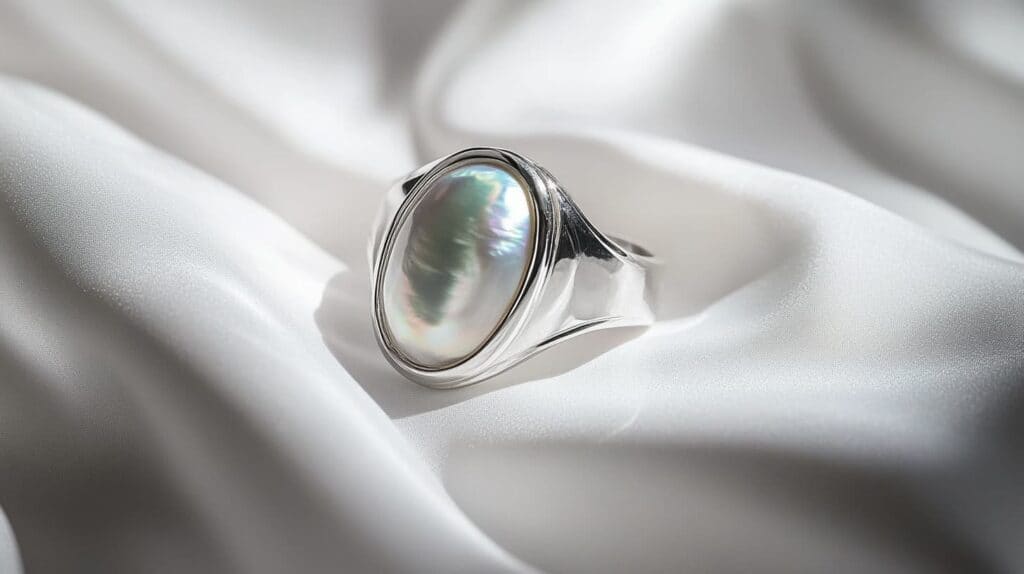 Elegant silver ring featuring an oval mother of pearl centerpiece with luminous iridescent hues, displayed on a smooth white satin background.