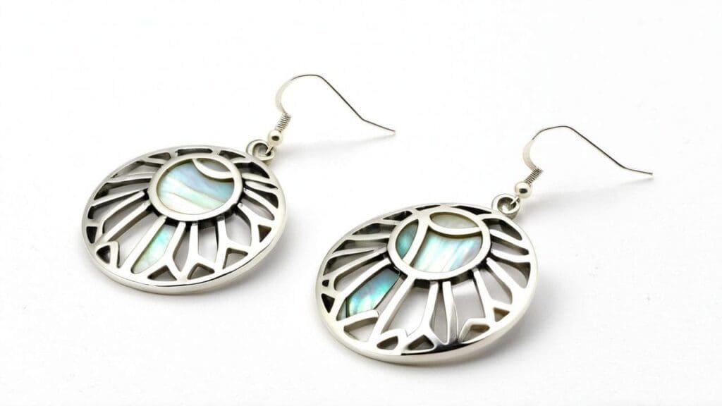 Pair of silver dangle earrings with circular cutouts and iridescent mother of pearl inlays, showcasing the natural shimmer of nacre shell.