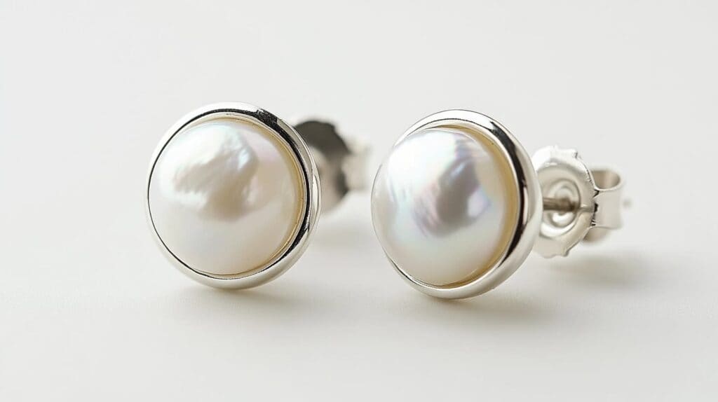 Classic silver stud earrings with round mother of pearl cabochons displaying subtle rainbow iridescence, placed on a white surface.