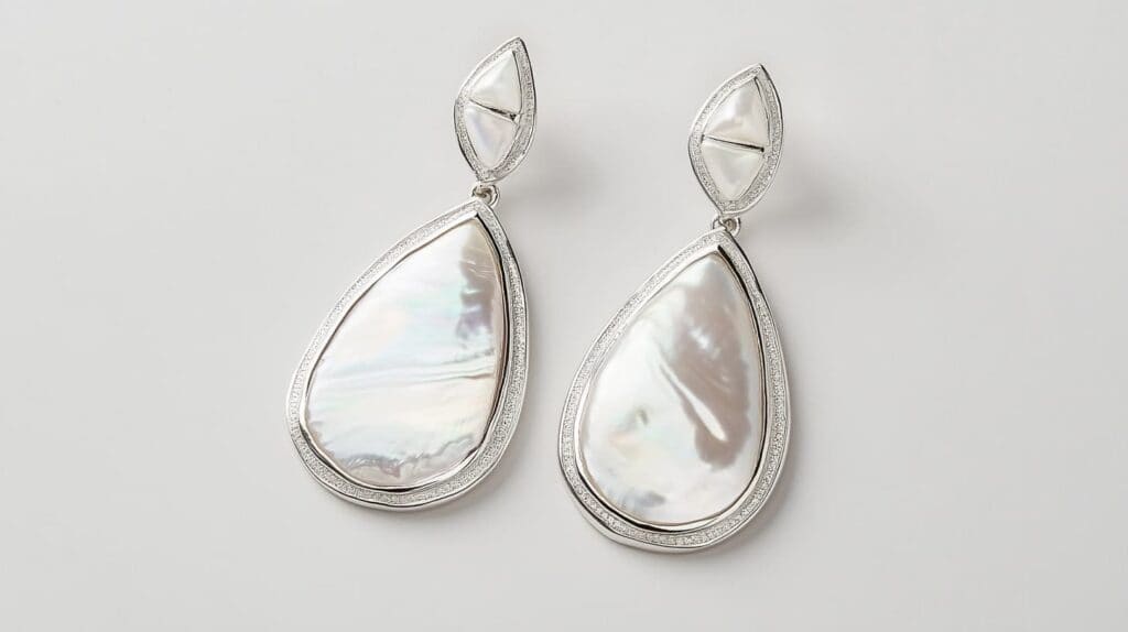 Pair of silver teardrop earrings with large mother of pearl inlays, showcasing a luminous and iridescent finish, on a neutral background.