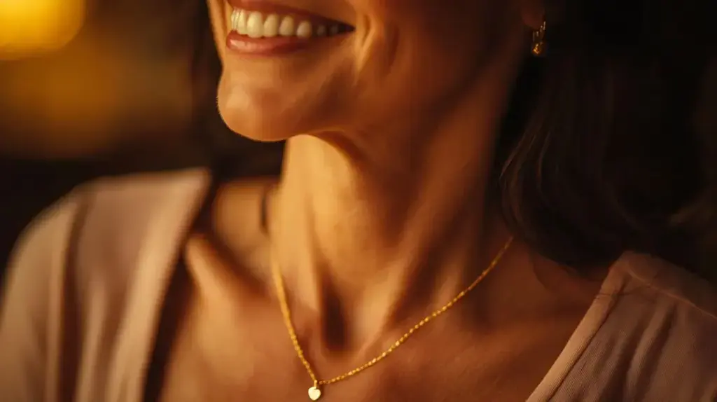 Close-up of a woman smiling while wearing a delicate gold heart-shaped pendant necklace, symbolizing the love and cherished bond between mother and child.