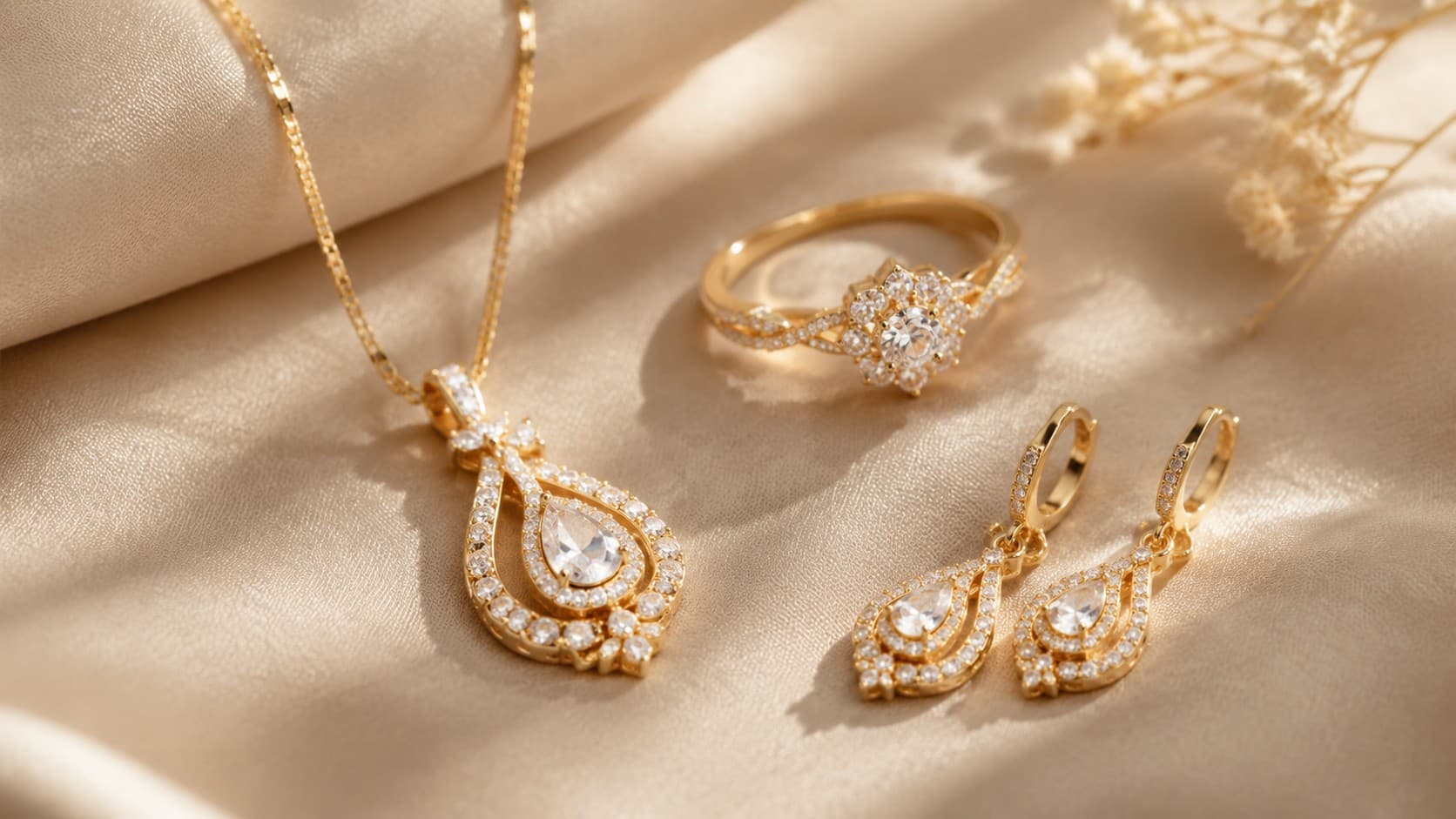 Gold necklace, ring, and earrings set for a Mother's Day jewelry gift guide