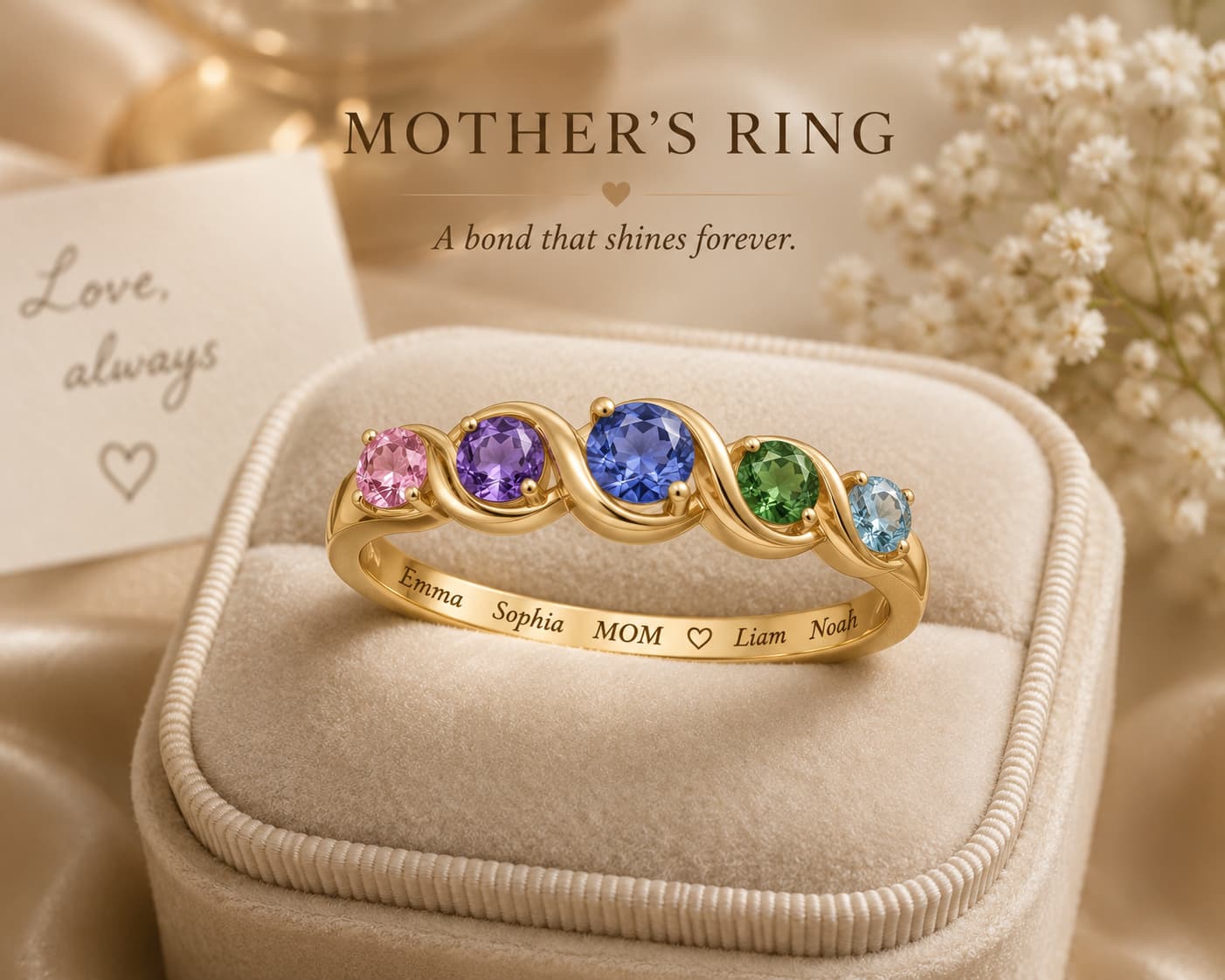 Gold mother's ring with five round birthstones and children's names engraved on the band