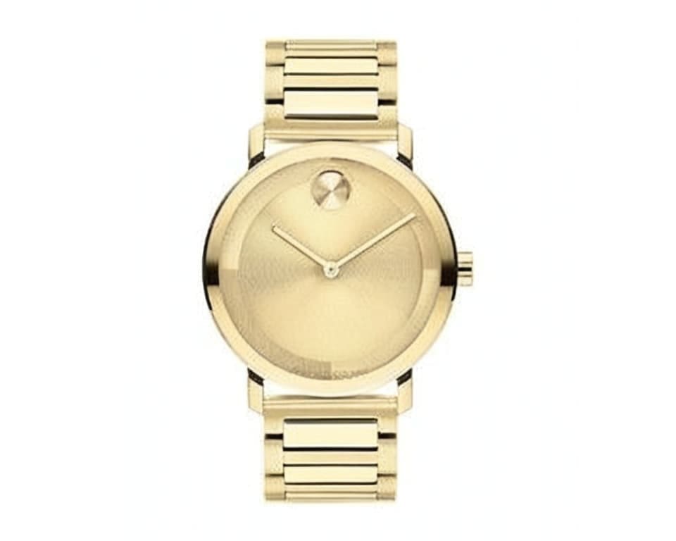 Movado Bold collection gold-tone watch with champagne dial and signature dot marker, showcasing luxury Swiss design with integrated bracelet