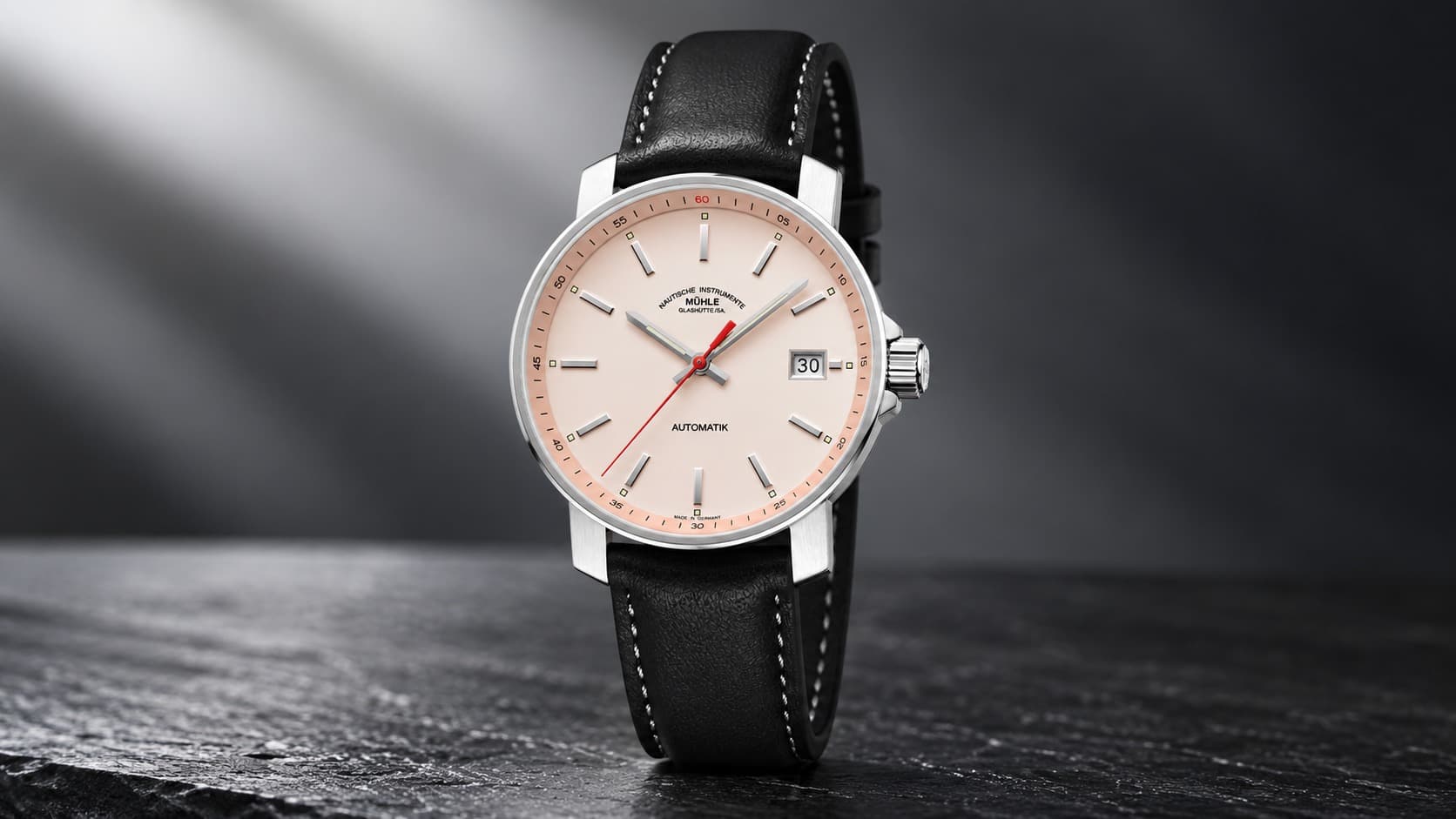 Mühle Glashütte 29er automatic watch with cream dial and black leather strap