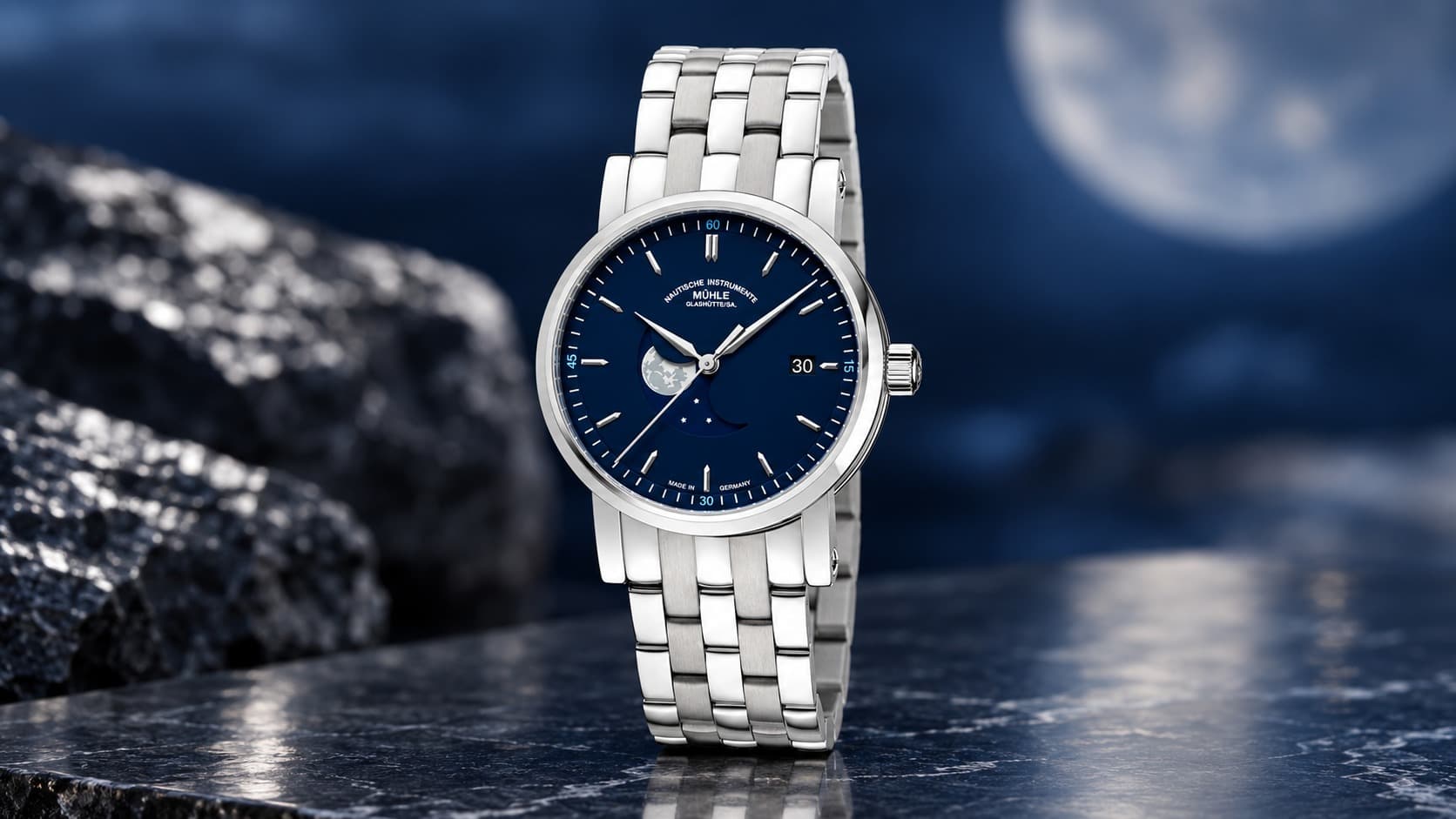 Mühle Glashütte Teutonia IV BlueMoon watch with blue moonphase dial and steel bracelet