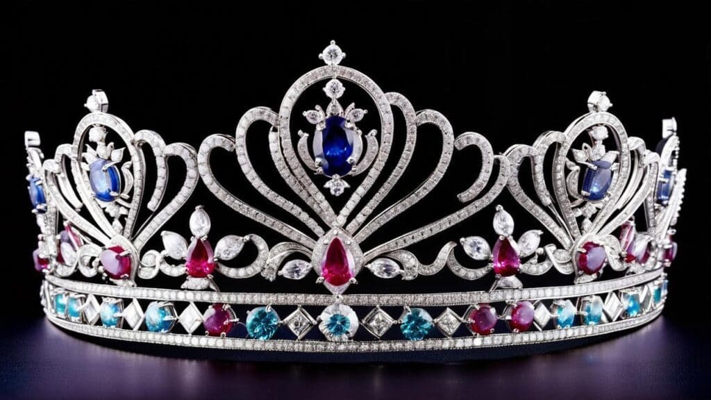 Multi-million dollar royal tiara with diamonds, sapphires, rubies, and aquamarines in platinum setting, showcasing extraordinary craftsmanship found in the world's most expensive jewelry