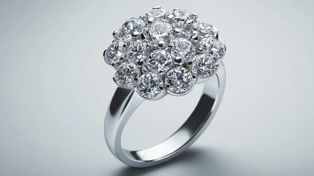 Multi-stone diamond cluster ring crafted in white gold with a dazzling arrangement of overlapping diamonds.