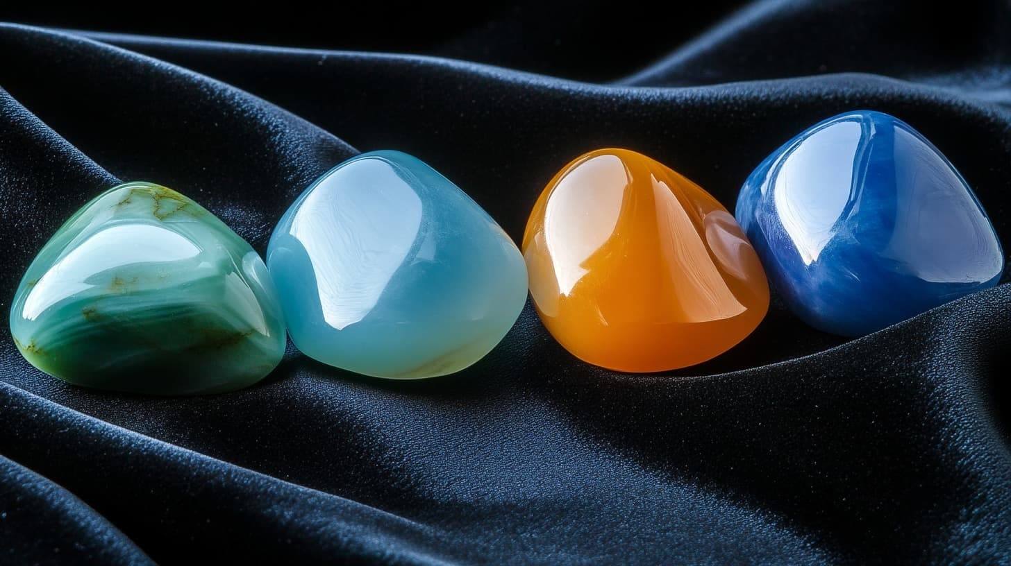 Four polished chalcedony stones in green, pale blue, orange and blue on black satin