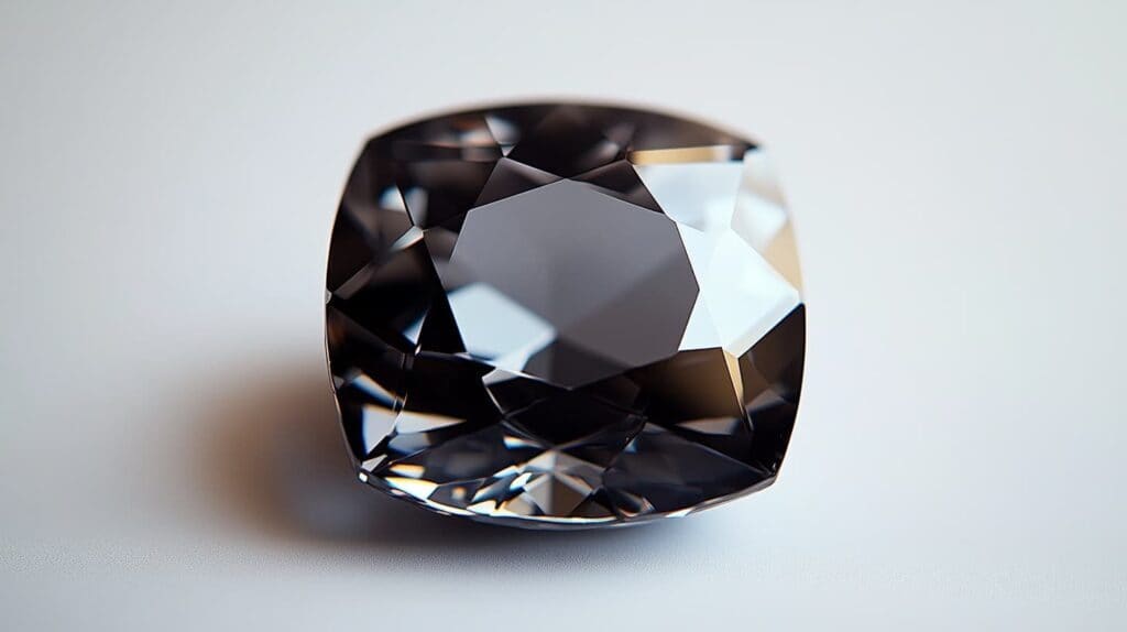 Detailed view of a rare cushion-cut Musgravite gemstone with deep grayish-purple tones, reflecting light beautifully against a soft white surface.