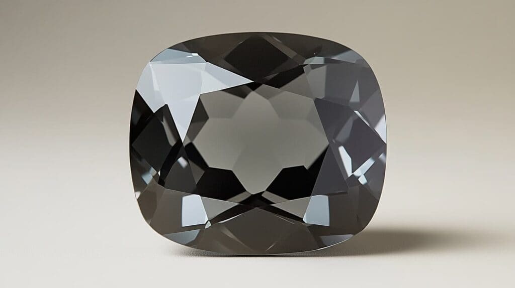 A cushion-cut Musgravite gemstone with a grayish-purple hue displayed on a neutral background, highlighting its intricate faceting and rare color.
