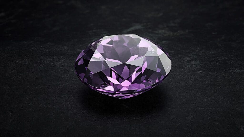 A polished violet-purple Musgravite gemstone showcasing its faceted brilliance on a dark textured surface.