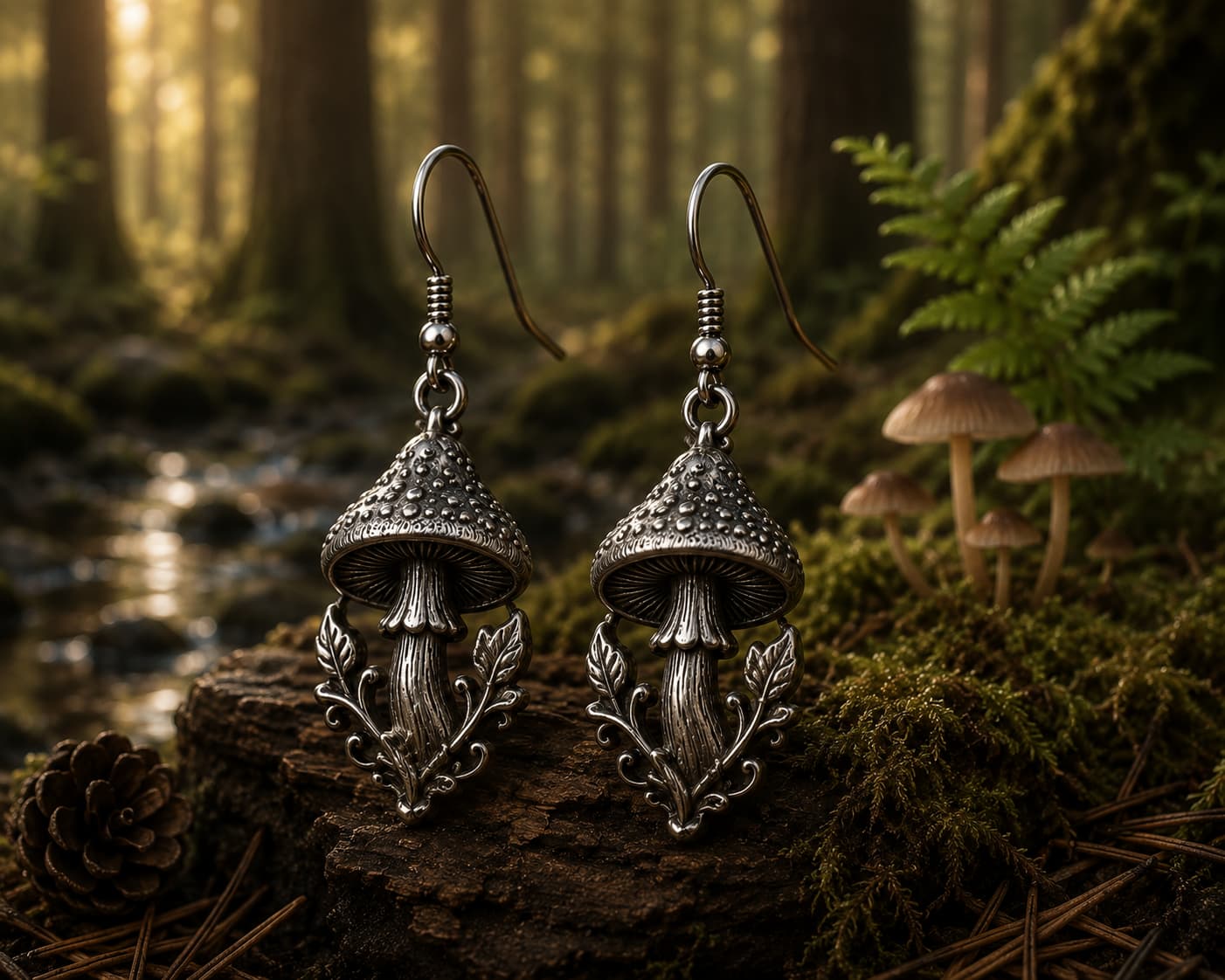 Pair of silver mushroom dangle earrings resting on mossy wood in the forest