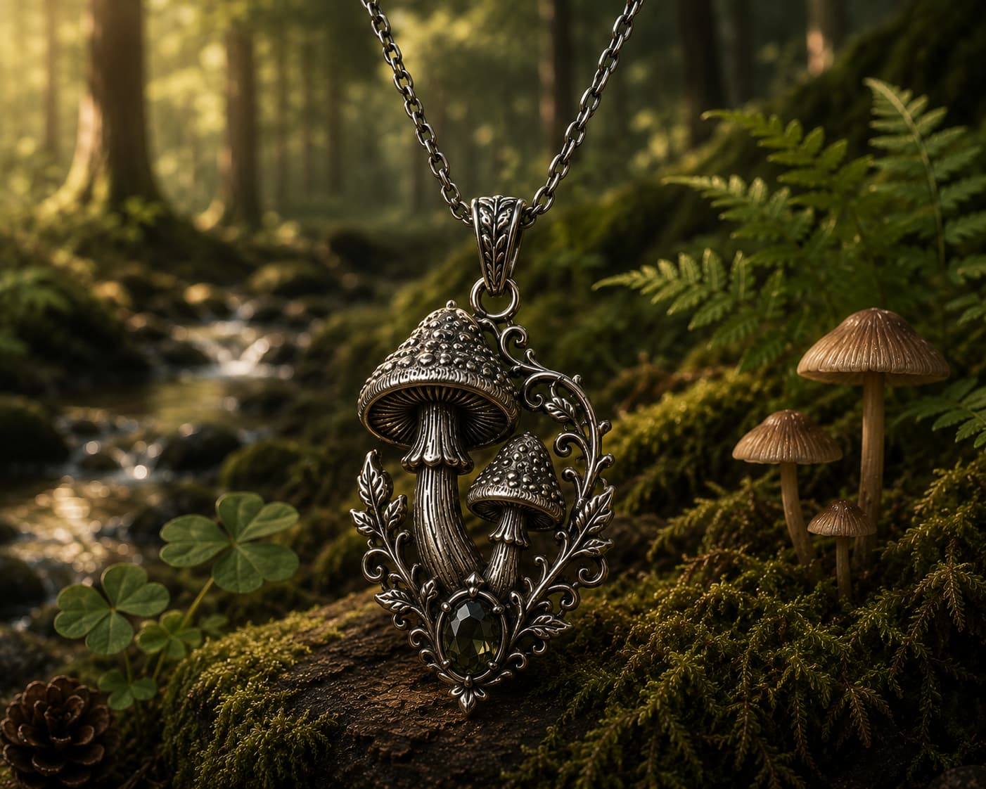 Silver mushroom pendant necklace with green gemstone accent in a forest setting