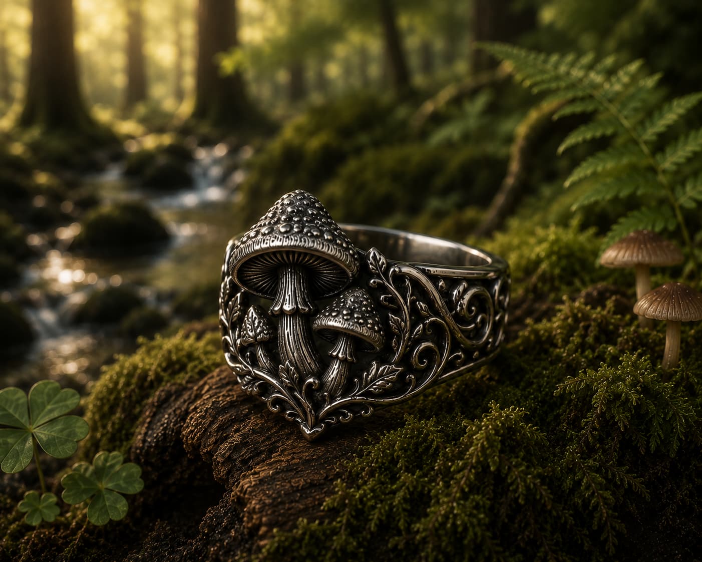 Sterling silver mushroom ring with detailed toadstool design set in a mossy forest