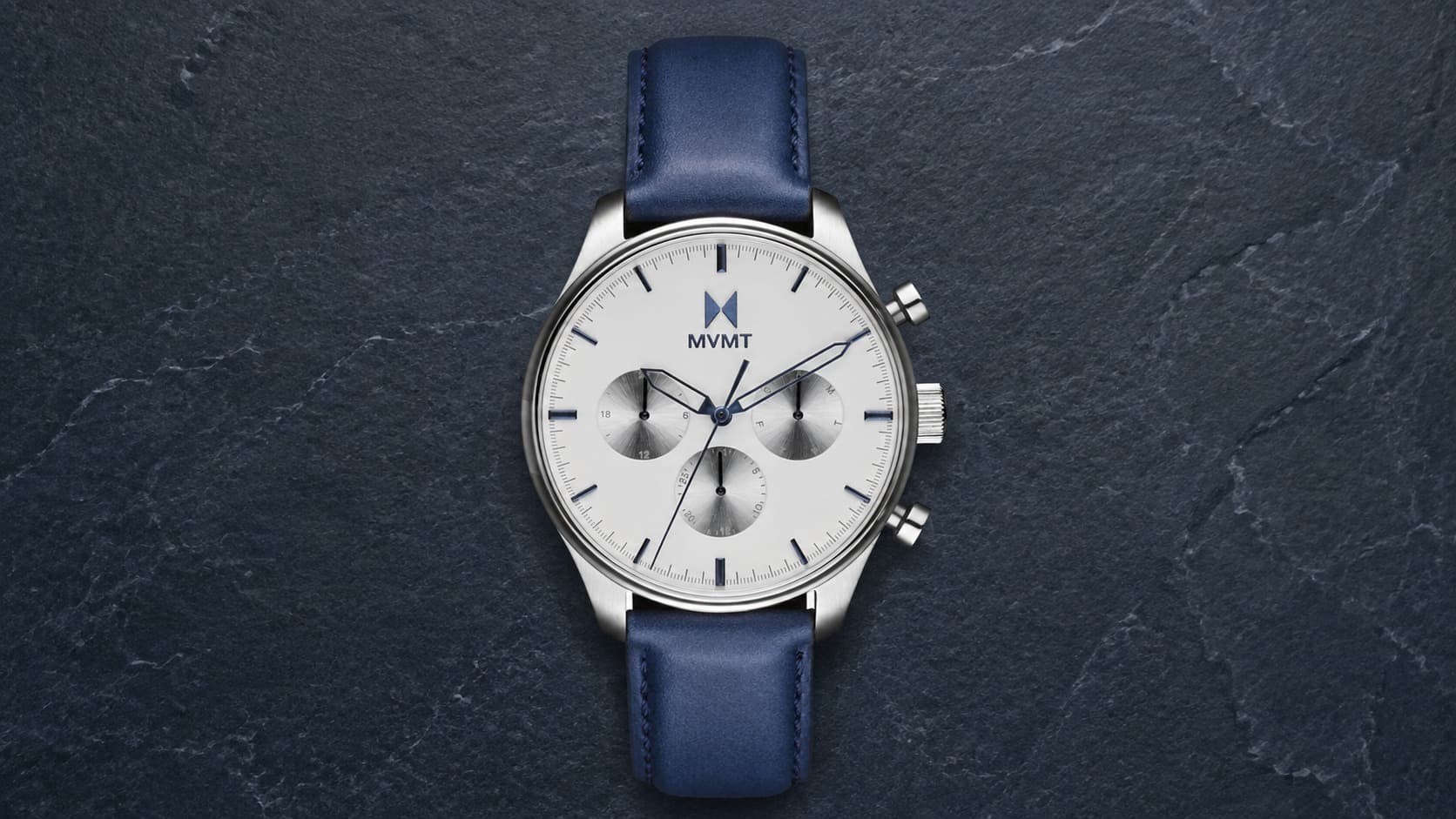 MVMT Airhawk watch with white chronograph dial and blue leather strap