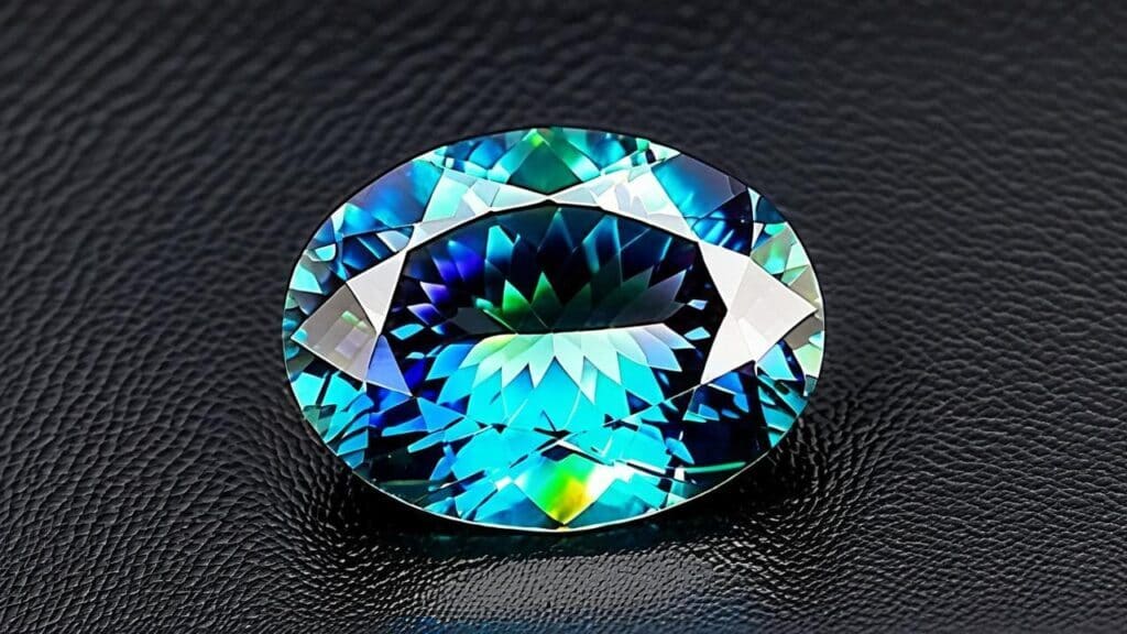Close-up of a mystic topaz gemstone with a vibrant blue-green surface coating, reflecting iridescent hues against a black textured background.