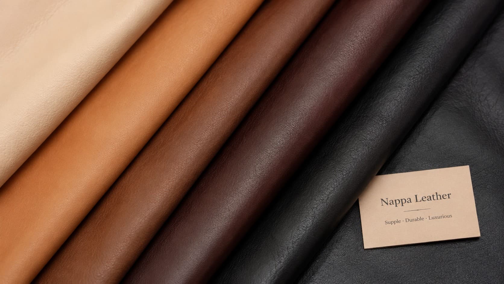 Nappa leather samples ranging from tan to black with a labeled swatch card