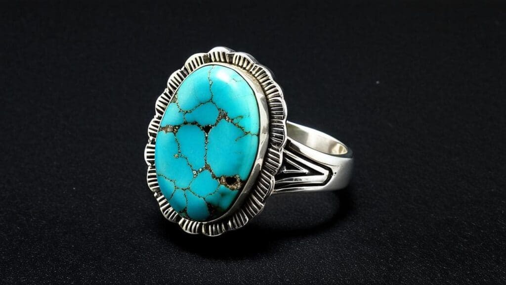 Vintage-style silver ring featuring an oval turquoise stone with black matrix on dark background