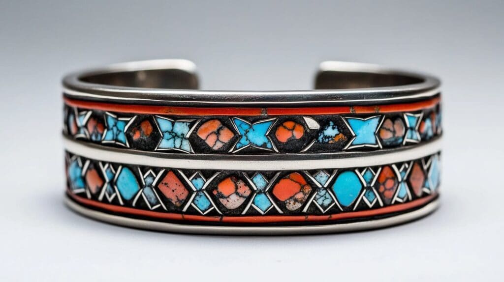 Traditional Native American-style silver cuff bracelet with intricate turquoise and coral inlay, featuring geometric and floral patterns.