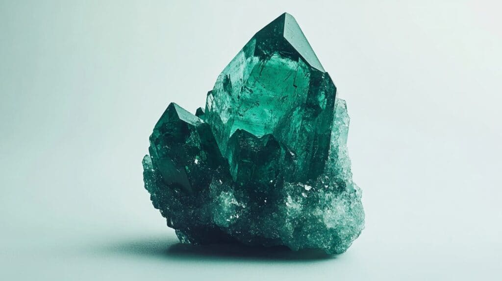 A natural dioptase crystal cluster featuring intense emerald-green hues and well-formed rhombohedral crystal structures.