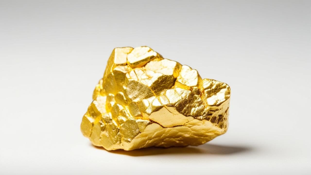 Rough natural gold nugget with faceted surfaces on a white background
