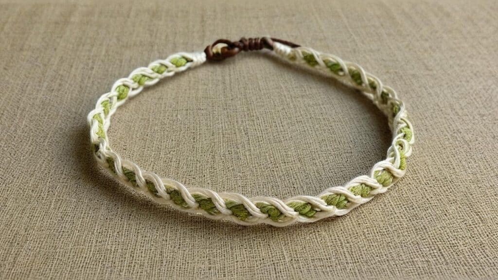 Eco-friendly hemp bracelet featuring braided chain pattern in green and white hemp cord