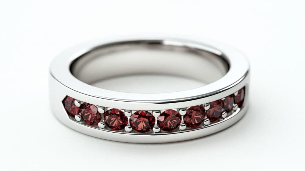 Platinum eternity band featuring a row of natural red diamonds, highlighting their vivid color and intricate craftsmanship.