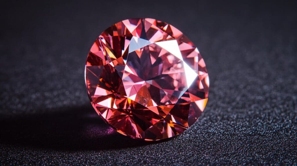 A rare faceted natural red diamond with exceptional brilliance, resting on a textured dark background.