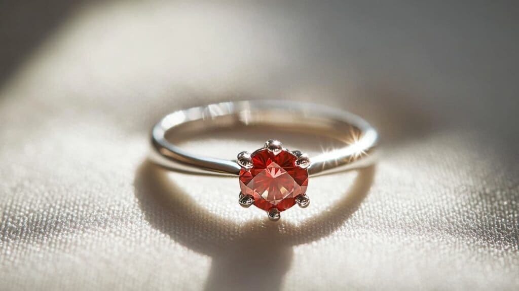 Close-up of a natural red diamond solitaire ring in a platinum setting, showcasing the gem's rare and vivid red hue under soft lighting.