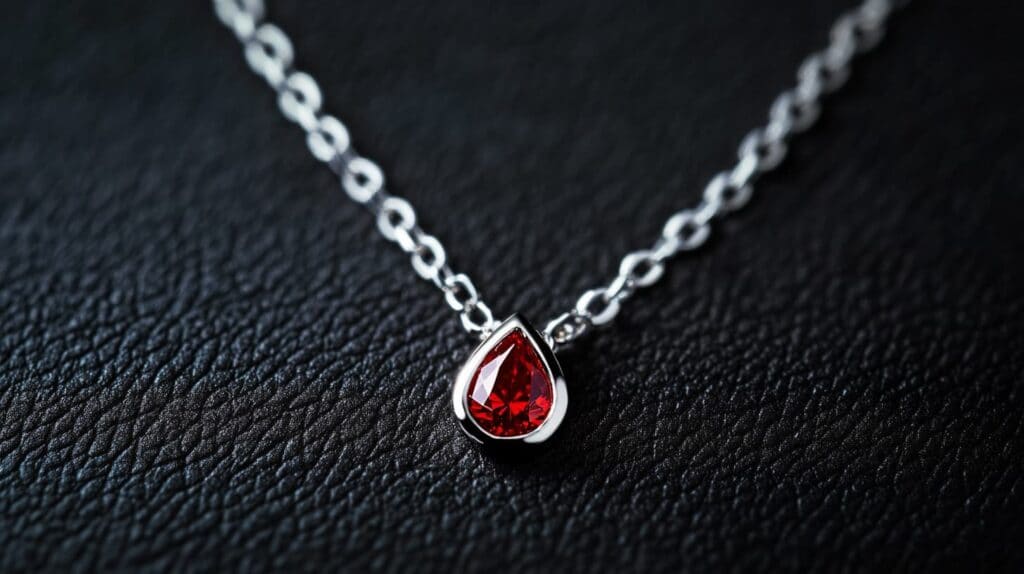 Elegant teardrop-shaped natural red diamond pendant necklace with a white gold chain displayed on a textured black surface.