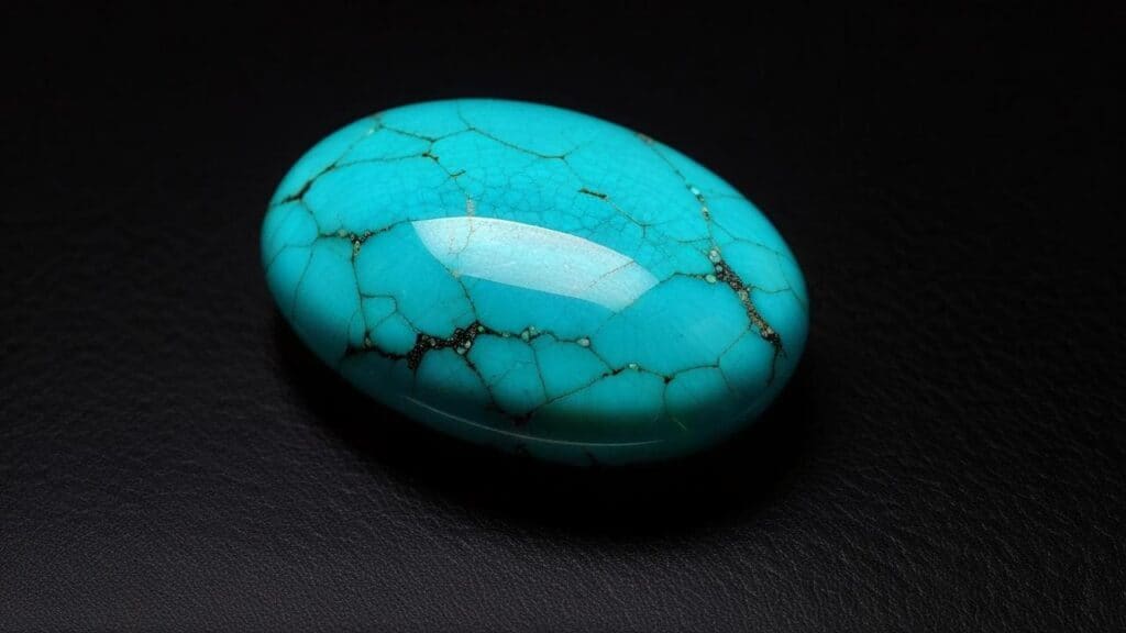 Polished natural turquoise gemstone with dark matrix patterns on a black background
