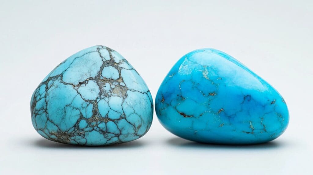 A side-by-side comparison of two turquoise stones, highlighting the differences between natural and dyed turquoise coloration.