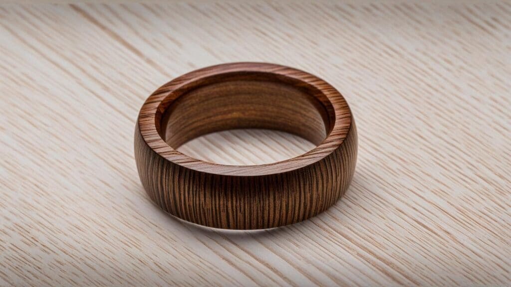 A minimalist wooden ring with a natural finish placed on a light wood surface, highlighting the intricate grain pattern and organic design.
