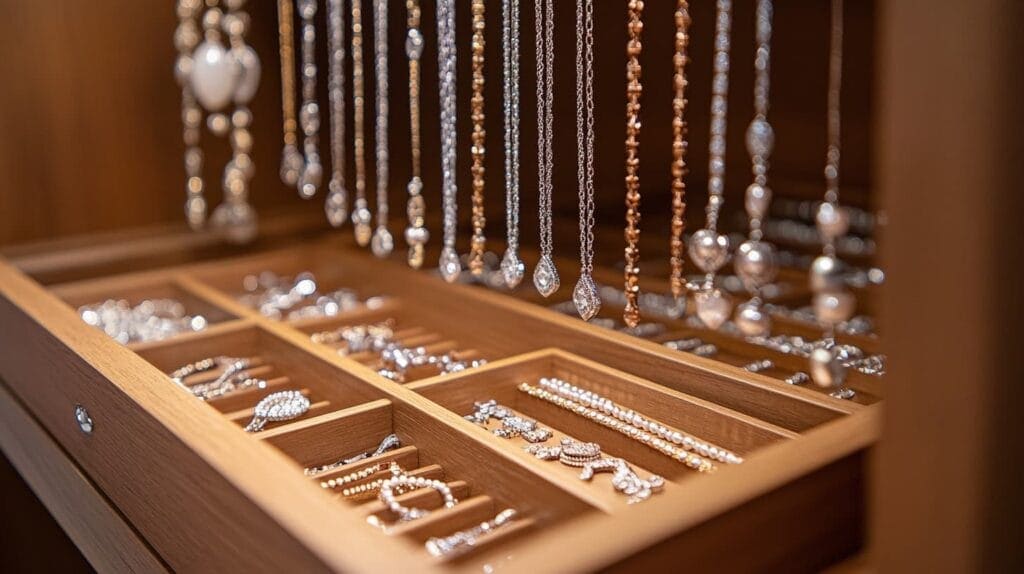 Jewelry storage drawer with separate compartments and hanging hooks for organized necklace storage.