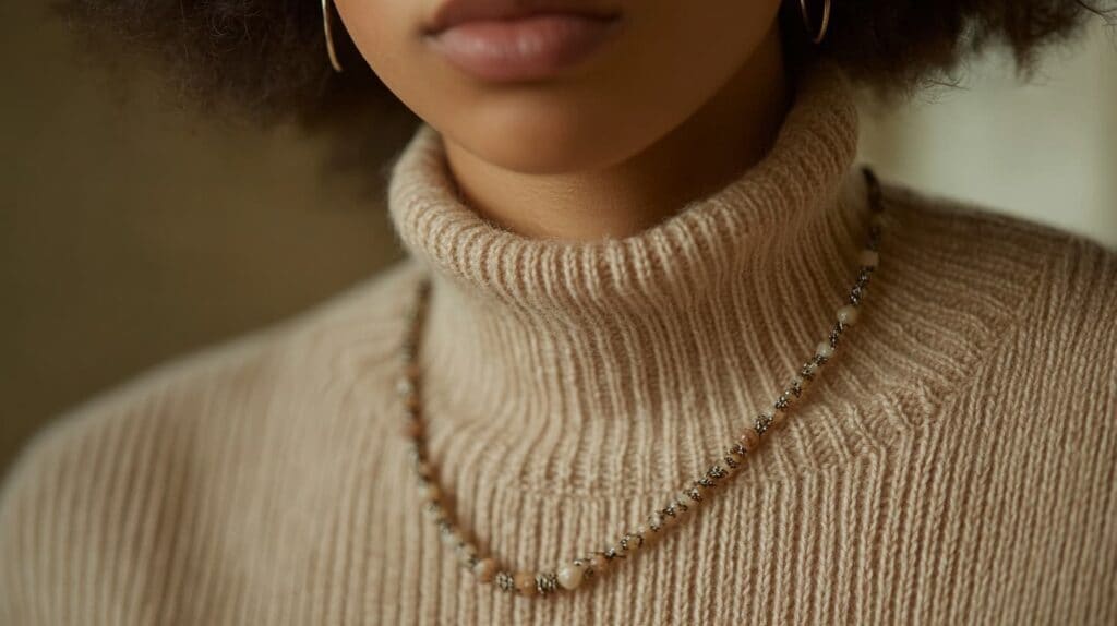 Close-up of a beige ribbed turtleneck styled with a delicate beaded necklace, showcasing harmonious pairing of soft textures and jewelry.