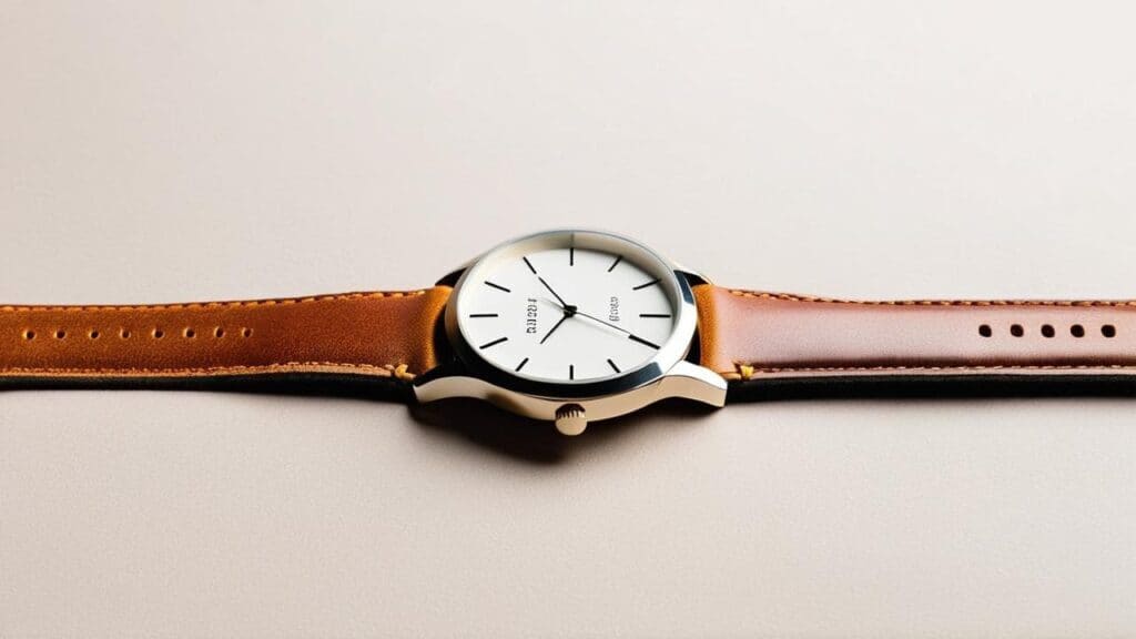 Stiff new leather watch strap on wrist before breaking in process