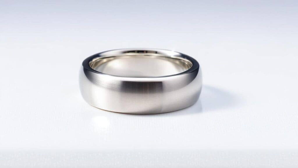 A silver-toned ring that may contain nickel, a common allergenic metal that can cause skin irritation, rashes, and long-term sensitivity.