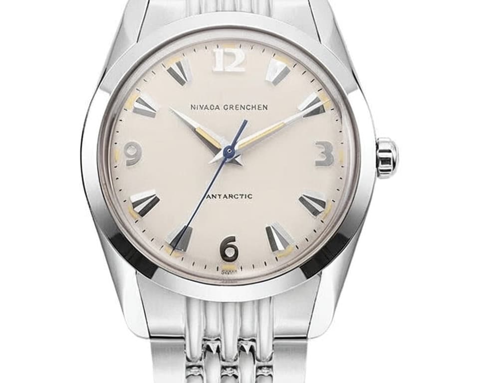 Nivada Grenchen Antarctic with cream dial, faceted markers and beads-of-rice bracelet