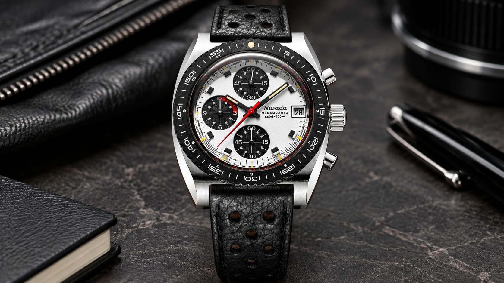 Nivada Grenchen Autochron Panda MecaQuartz chronograph watch with black and white racing dial